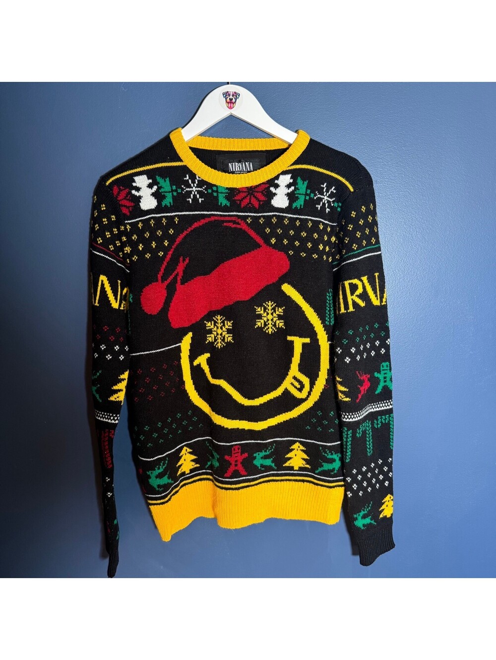 Nirvana Smiley Face Ugly Christmas Sweater Santa Hat Black Yellow Knit Size S